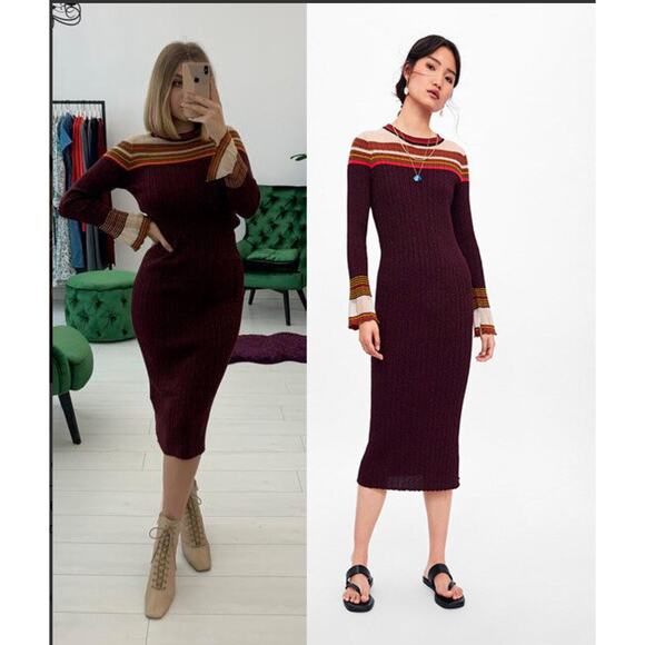 Zara Ribbed Knit Shimmer Sweater Dress Metallic Bell Sleeves Long Burgundy Large - Picture 12 of 12